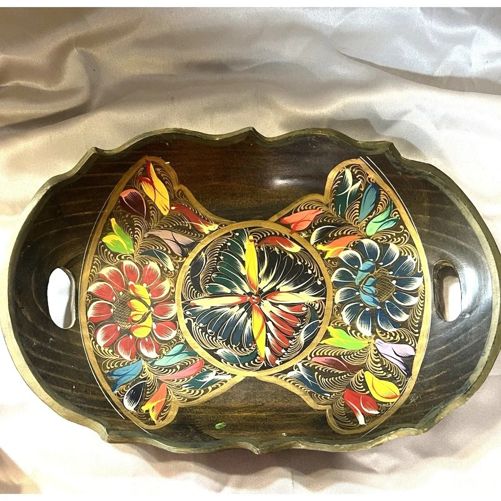 VTG Folk‎ Art Wood Tray-Oval Hand Painted Server With Handles Woolworth (2431)